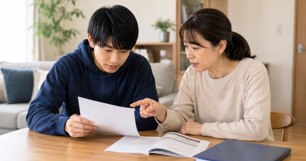 国士舘大学サッカー部の寮費について、自宅で資料を見ながら母親と相談する高校生