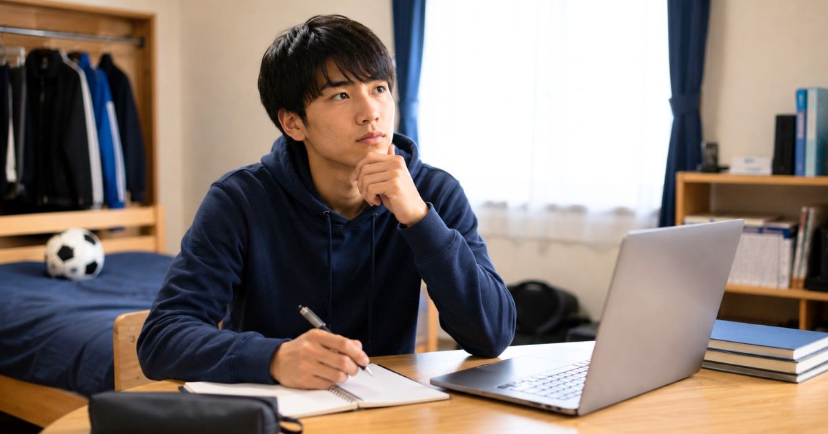 国士舘大学サッカー部の寮生活について、パソコンを見ながら疑問点を整理する学生のイメージ
