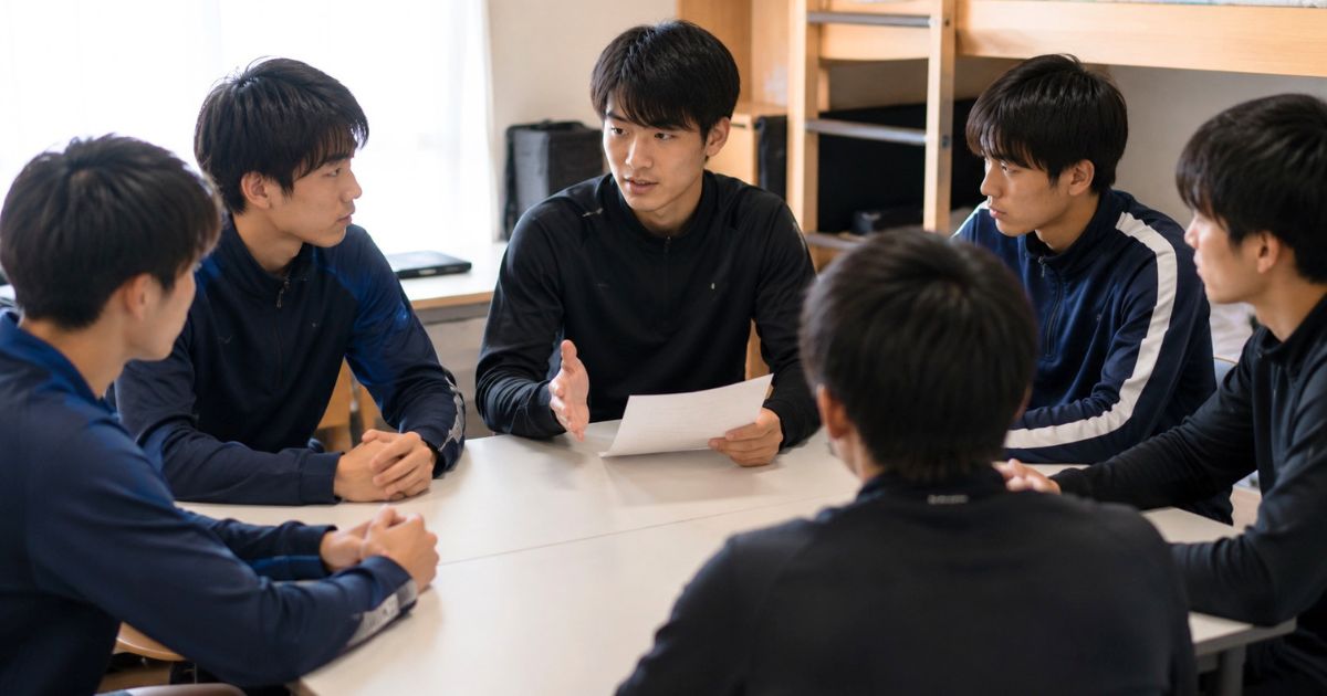 国士舘大学サッカー部の寮生活をイメージし、鶴川合宿寮で生活ルールを確認するサッカー部員たち