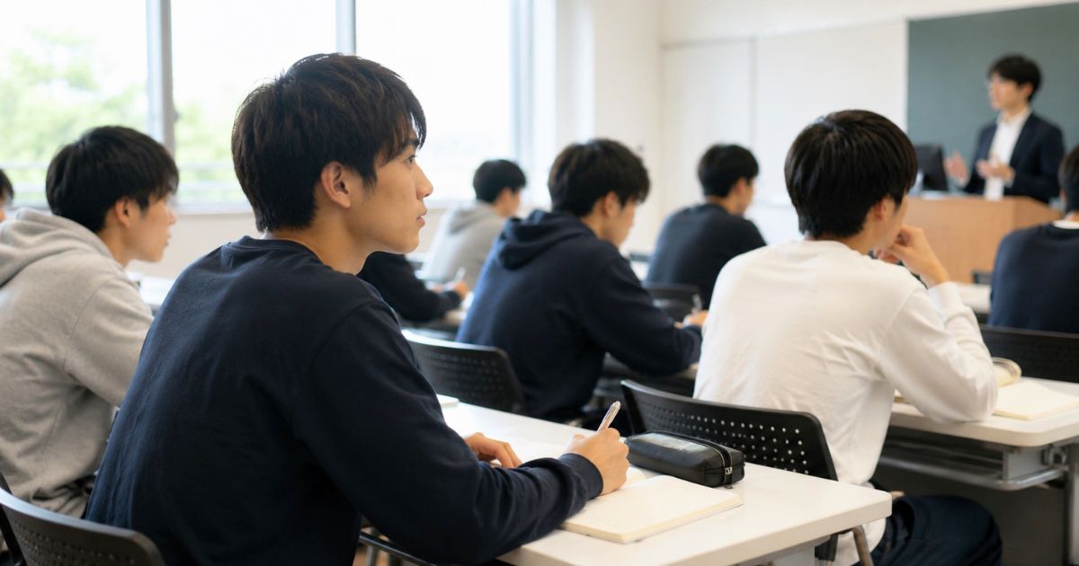 国士舘大学サッカー部員の学生生活をイメージし、大学の教室で講義を受ける学生
