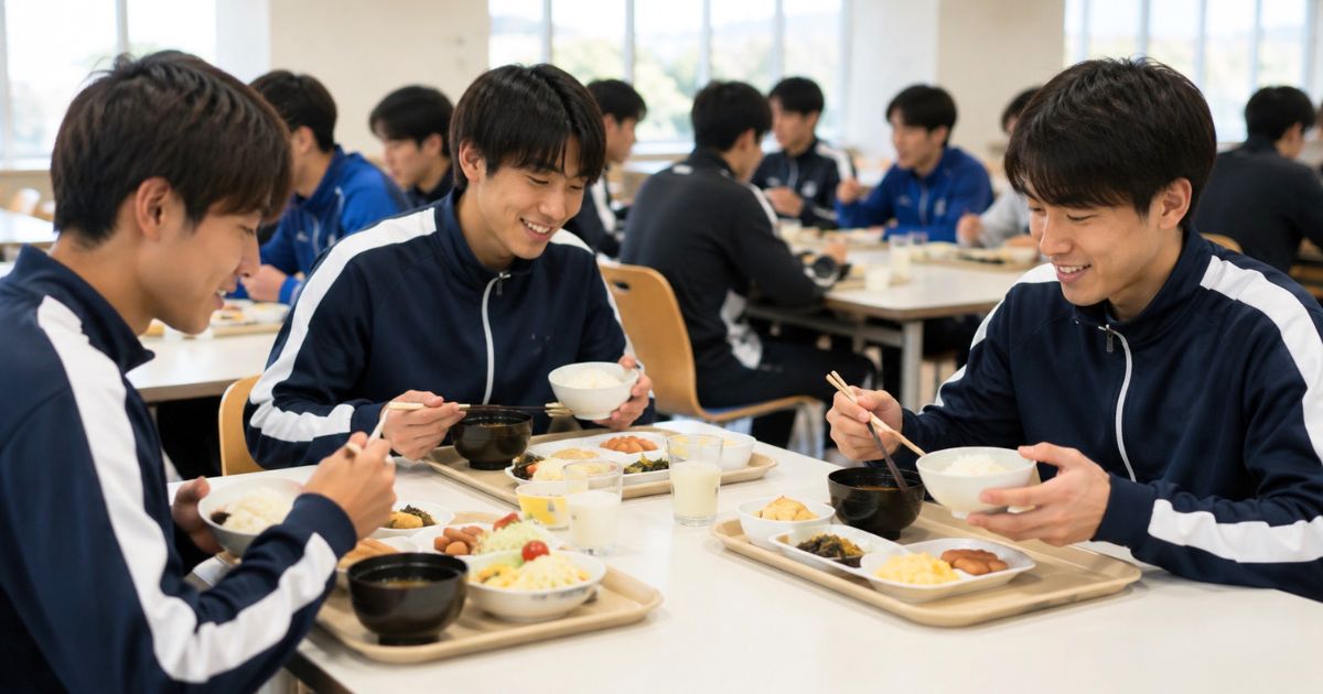 国士舘大学の鶴川合宿寮をイメージし、食堂で朝食を取るサッカー部員たち