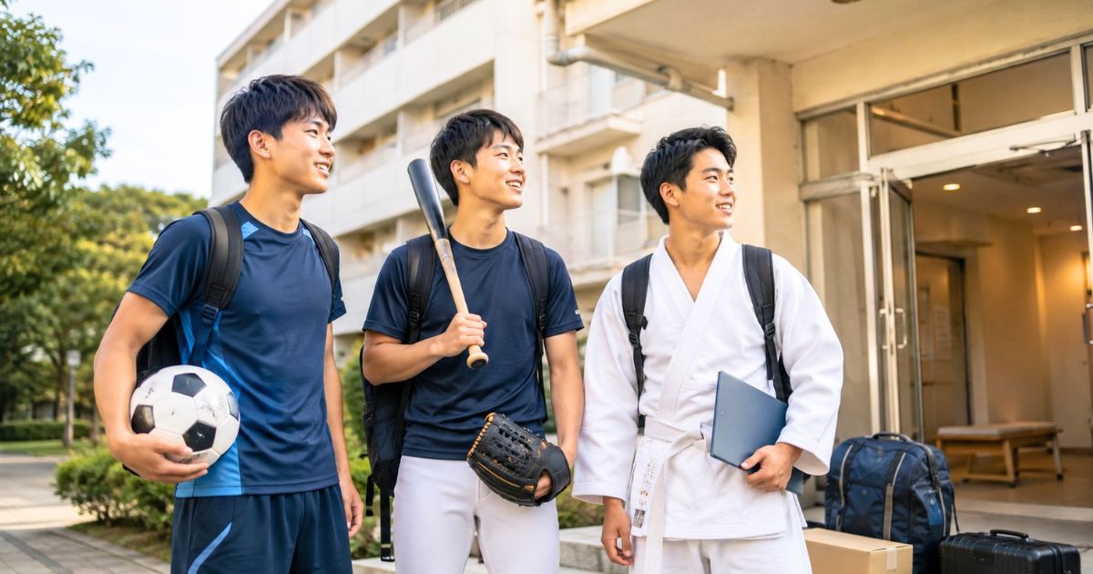 国士舘大学の鶴川合宿寮の対象となるサッカー部・硬式野球部・柔道部の学生をイメージした様子
