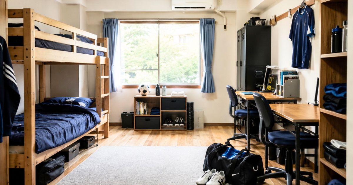 国士舘大学の鶴川合宿寮をイメージした、二段ベッドや机、収納を備えた2人部屋