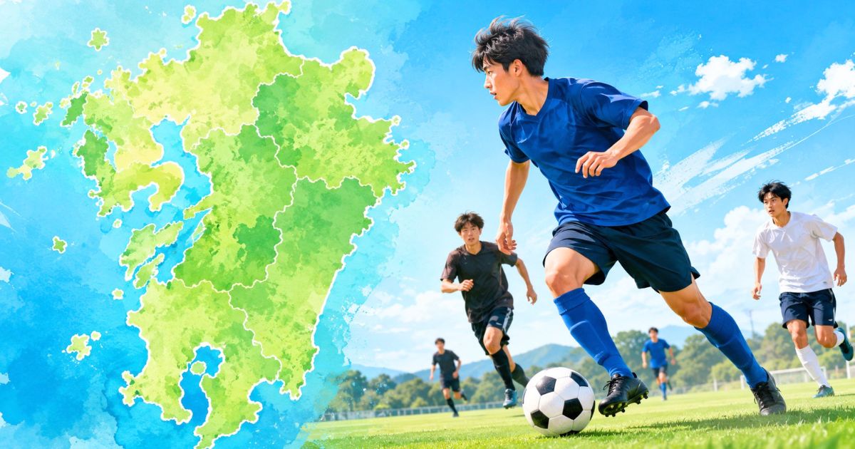 九州エリアの地図を背景に、大学サッカー選手がプレーしているイメージ