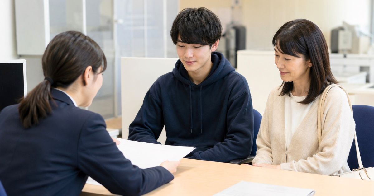 大学の学生課で、入寮を希望する男子学生と母親が職員から手続きの説明を受けている様子