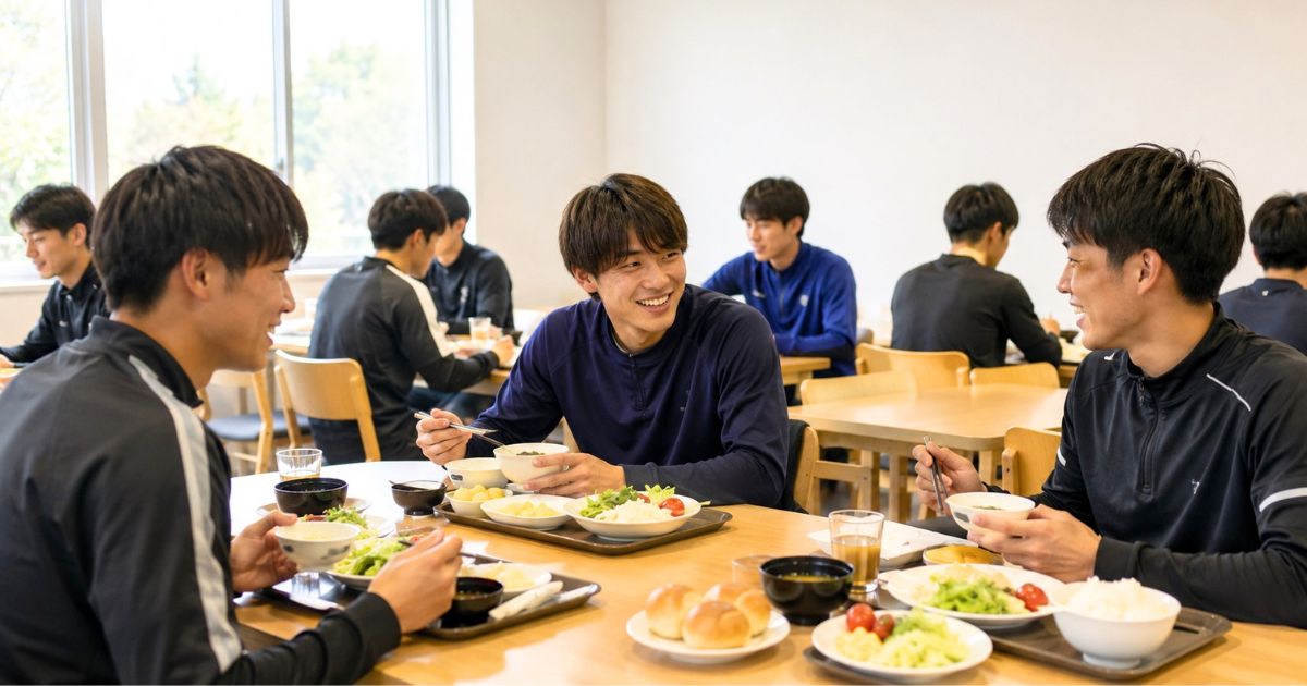 大学サッカー部の寮の食堂で、仲間と朝食をとる選手たちの様子