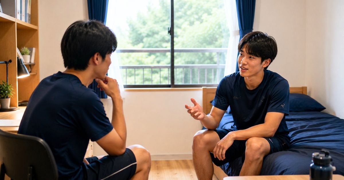 大学サッカー部の寮の部屋で、生活について質問しながら話し合う選手たちの様子