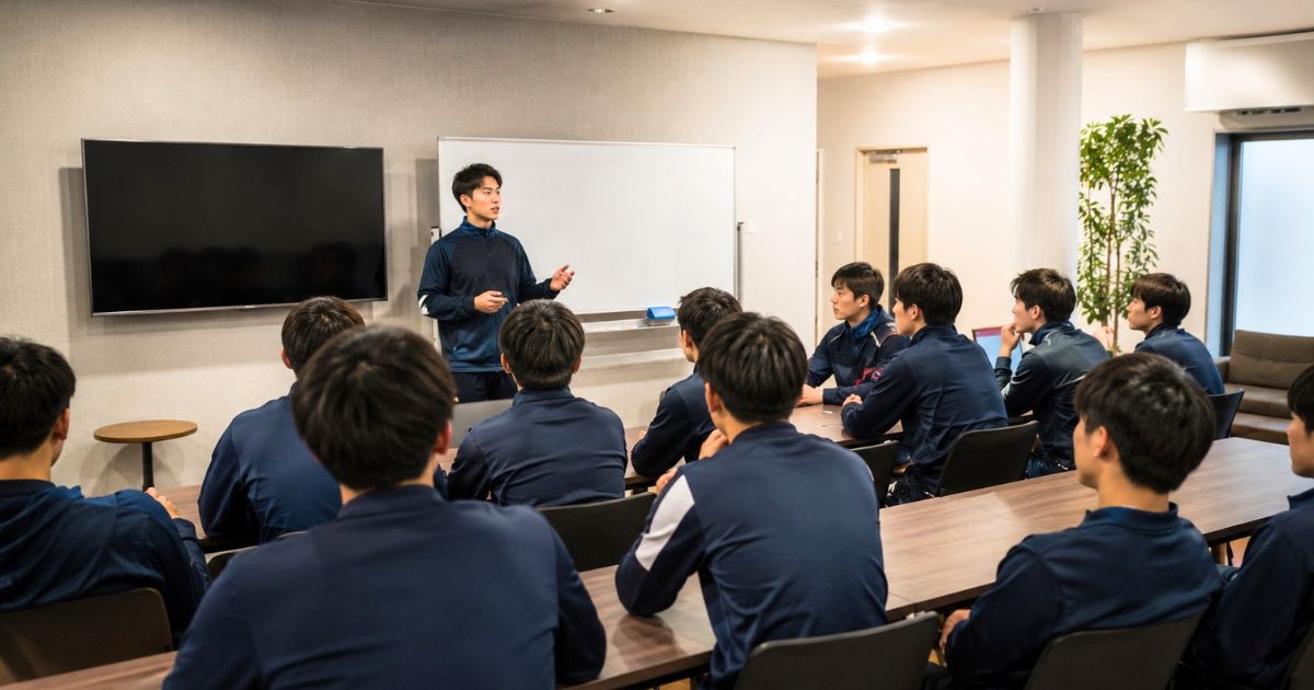 大学サッカー部の寮にあるミーティングルームで、コーチの話を聞く選手たちの様子