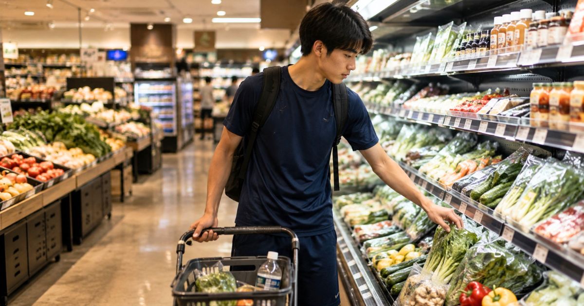 大学サッカー部員がスーパーで野菜や飲み物など生活に必要な食品を買い物している様子