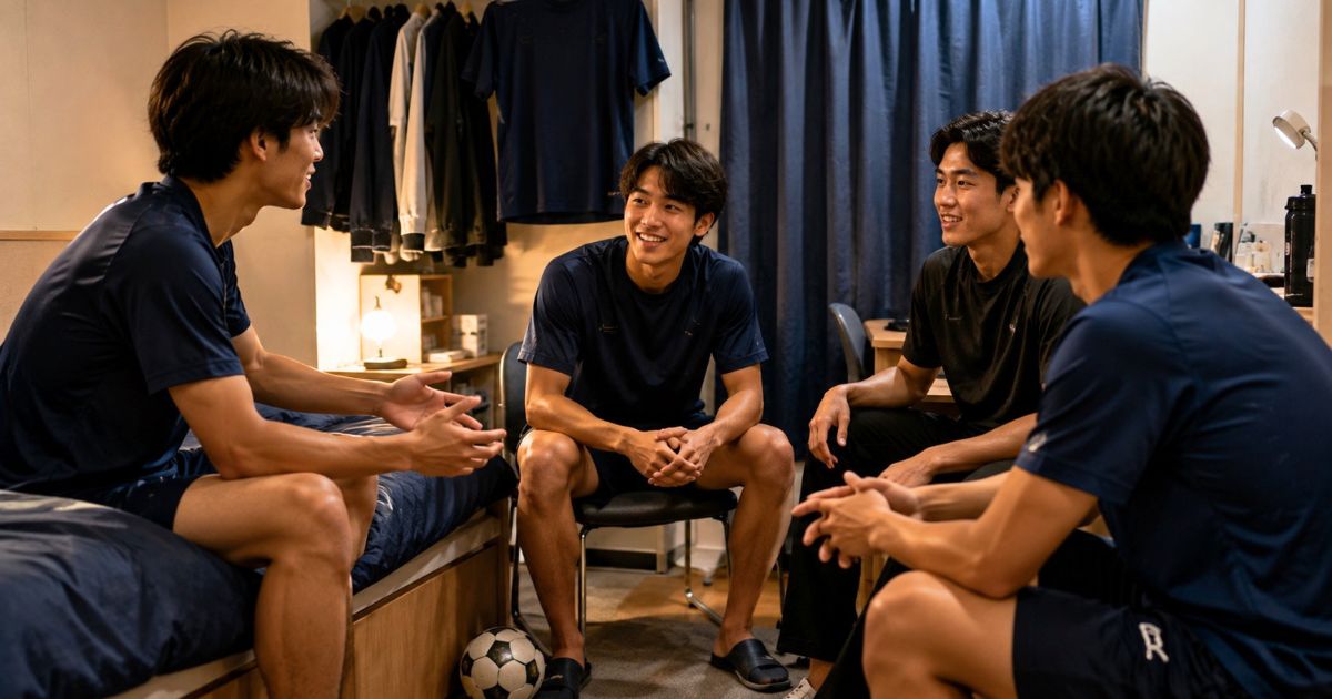 大学サッカー部の寮の部屋で、仲間同士でサッカーについて語り合う選手たちの様子