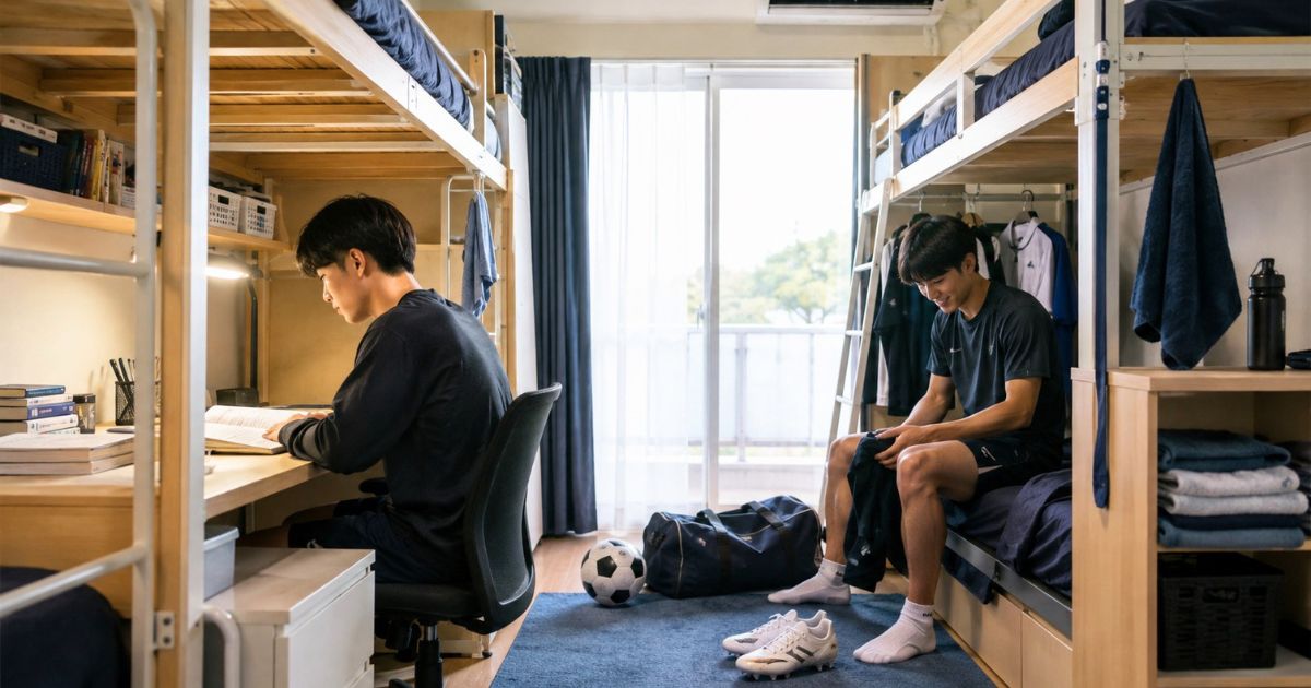 大学サッカー部の2人部屋の寮で、勉強や身支度をする選手とサッカー用品が置かれた生活風景