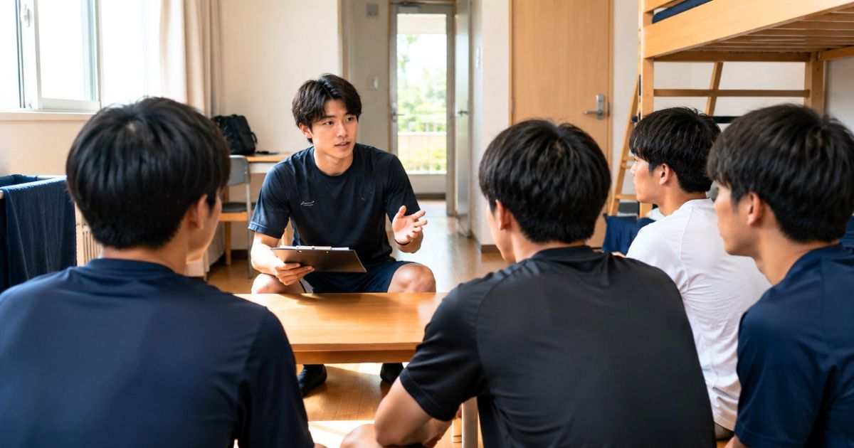 大学サッカー部の寮で、新入寮生に生活ルールを説明する寮長と部員たちの様子