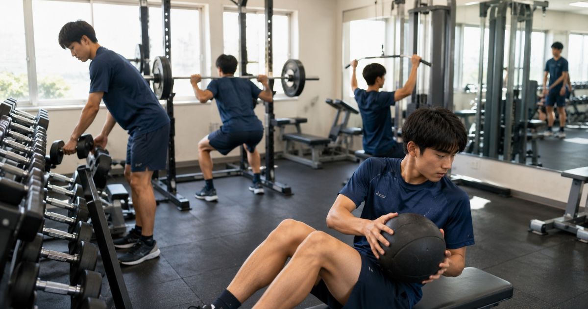 大学サッカー部の寮にあるトレーニング室で、筋力トレーニングに取り組む選手たちの様子