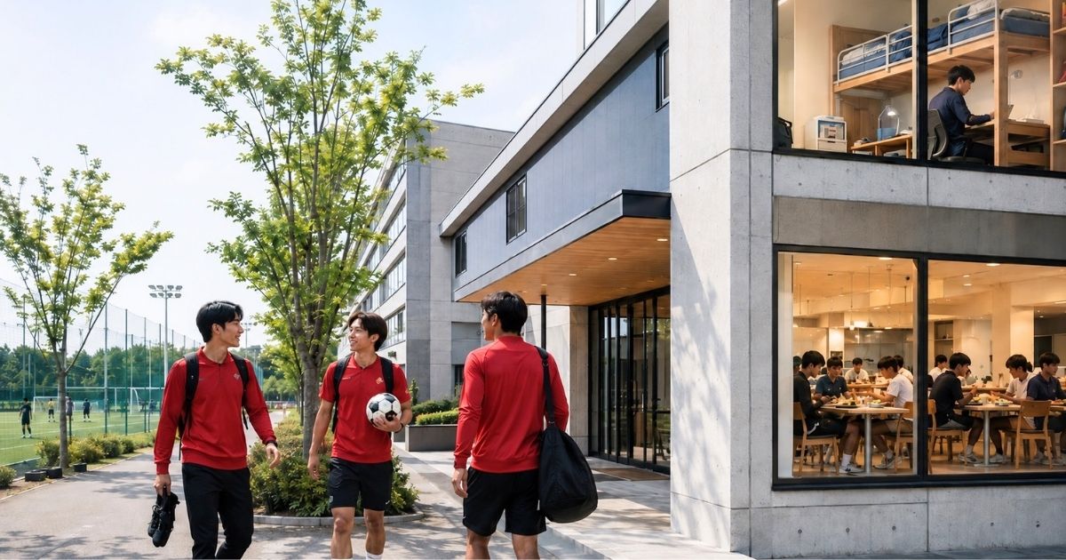 大学サッカー部の寮とグラウンド前を歩く選手たち、建物内には食堂と2人部屋の生活空間