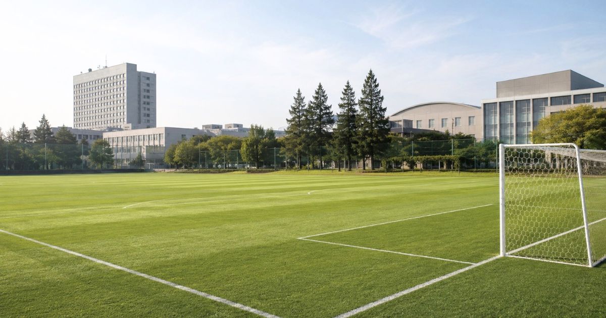 大学キャンパスに隣接する無人のサッカーグラウンドとゴールの様子