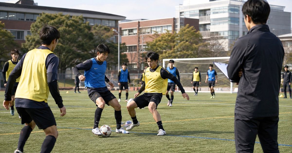 大学サッカー部のセレクションでミニゲームを行い指導者が選手を評価する様子