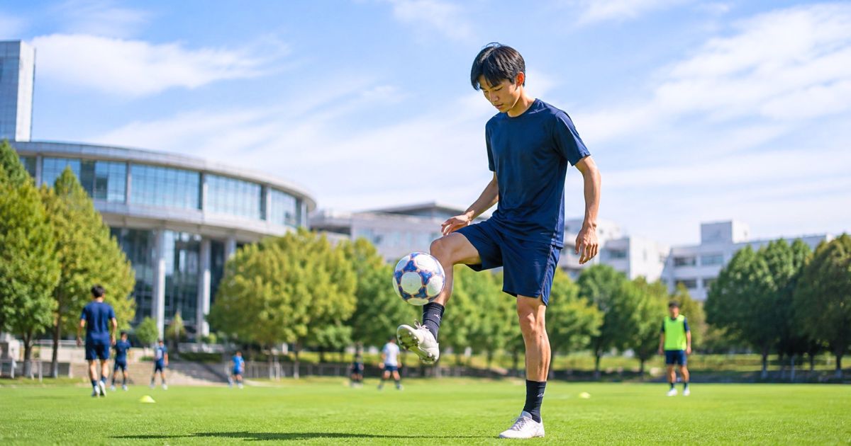 大阪大学サッカー部への入部を希望する学生がグラウンドでリフティング練習をする様子