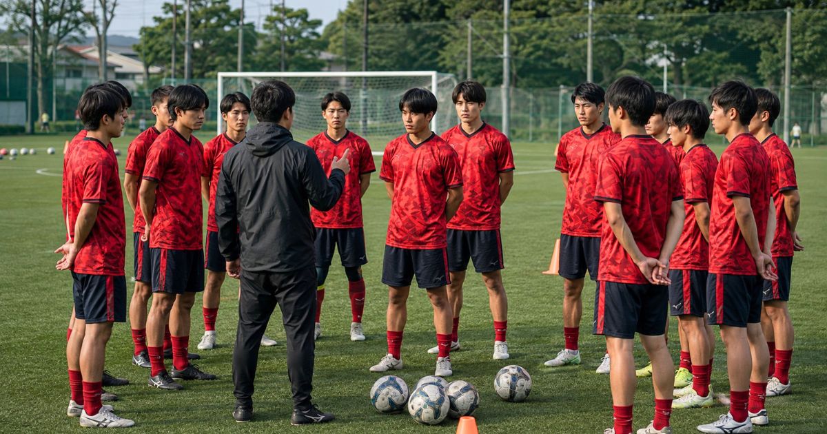 大阪大学サッカー部の経験者中心の競技環境をイメージした練習前のチームミーティング