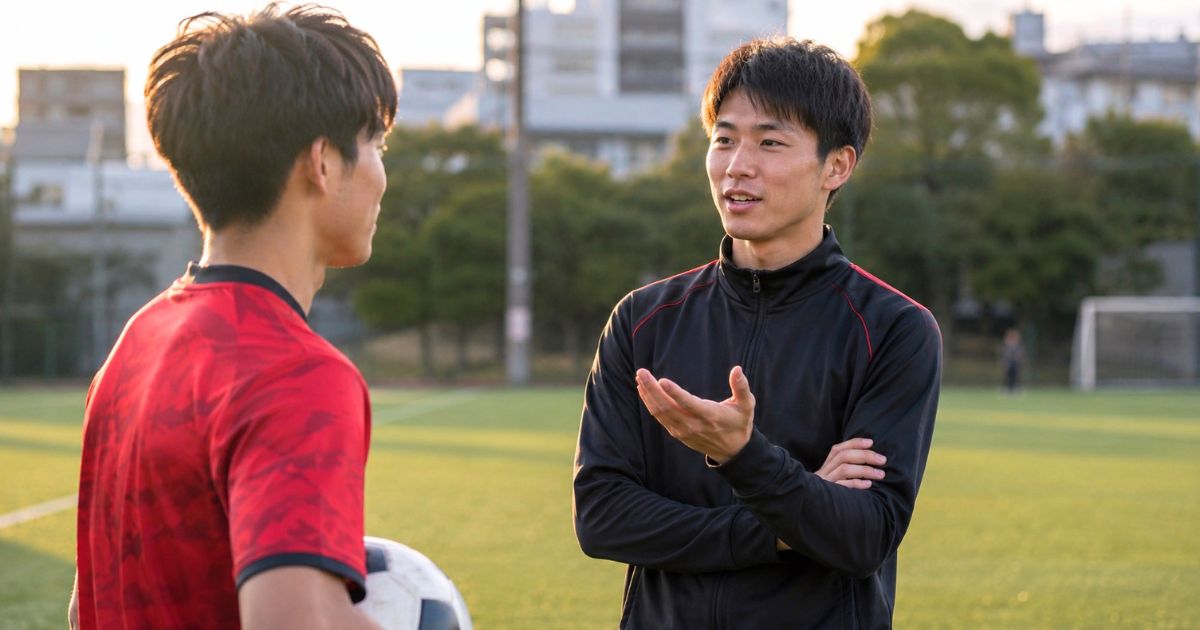 大阪大学サッカー部のよくある質問に答えるイメージで、グラウンド上で選手とスタッフが会話する様子