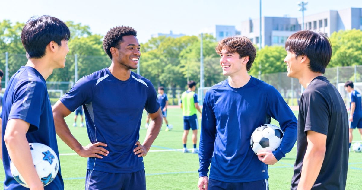 大阪大学サッカー部で留学生を含む大学生がグラウンドで交流する様子