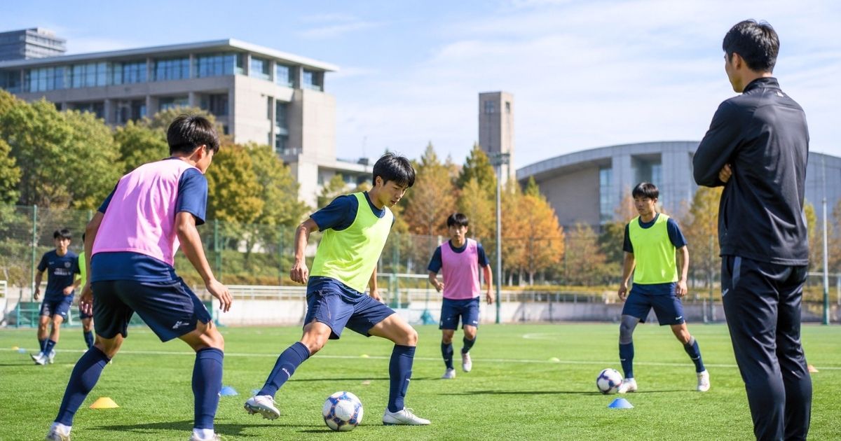 大阪大学サッカー部の入部条件をイメージした大学サッカーグラウンドでの練習風景