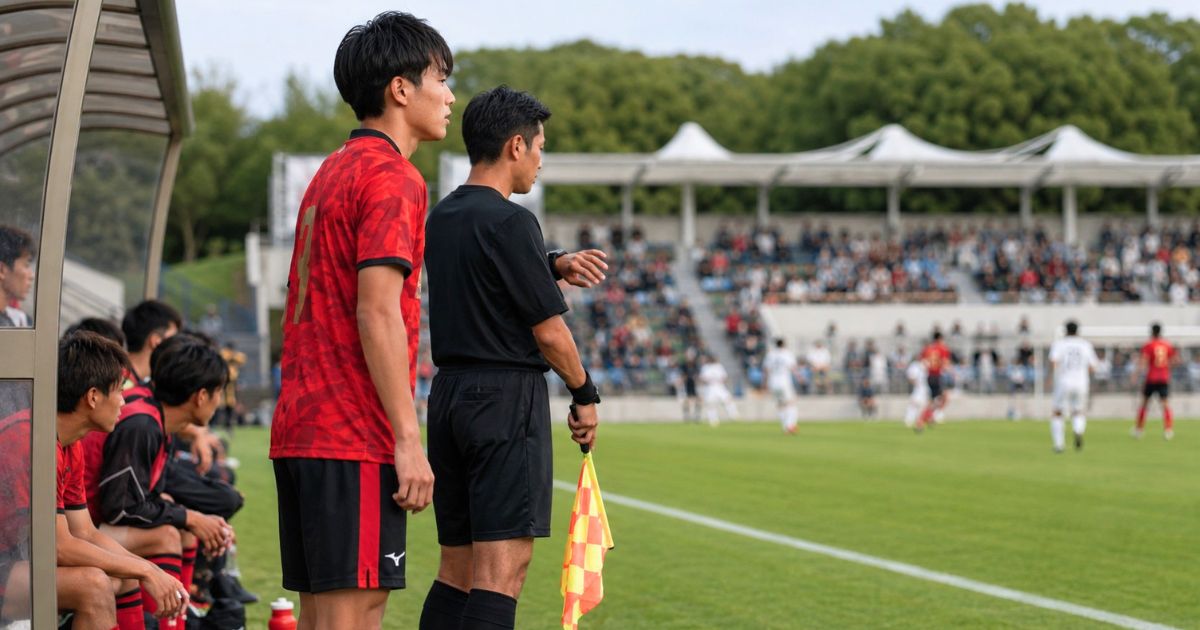 大阪大学サッカー部の公式戦で途中出場を待つ背番号入りユニフォームの選手と副審