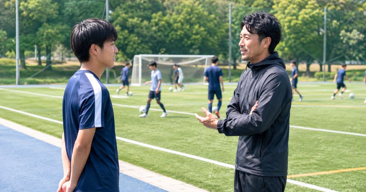 大阪大学サッカー部の入部前確認事項について練習会でコーチに質問する高校生