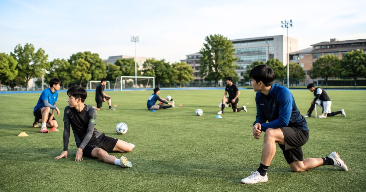 大阪大学サッカー部の練習と活動内容をイメージした大学グラウンドでのストレッチ風景
