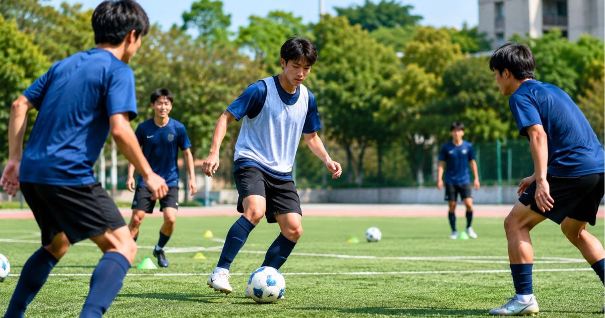 大阪大学サッカー部の体験練習に参加する入部希望者がグラウンドでプレーする様子