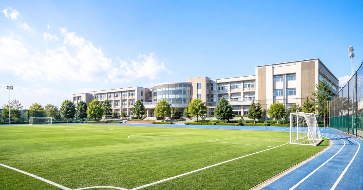 私立高校の広いサッカーグラウンドと、背景に近代的な校舎が見える学校施設の風景