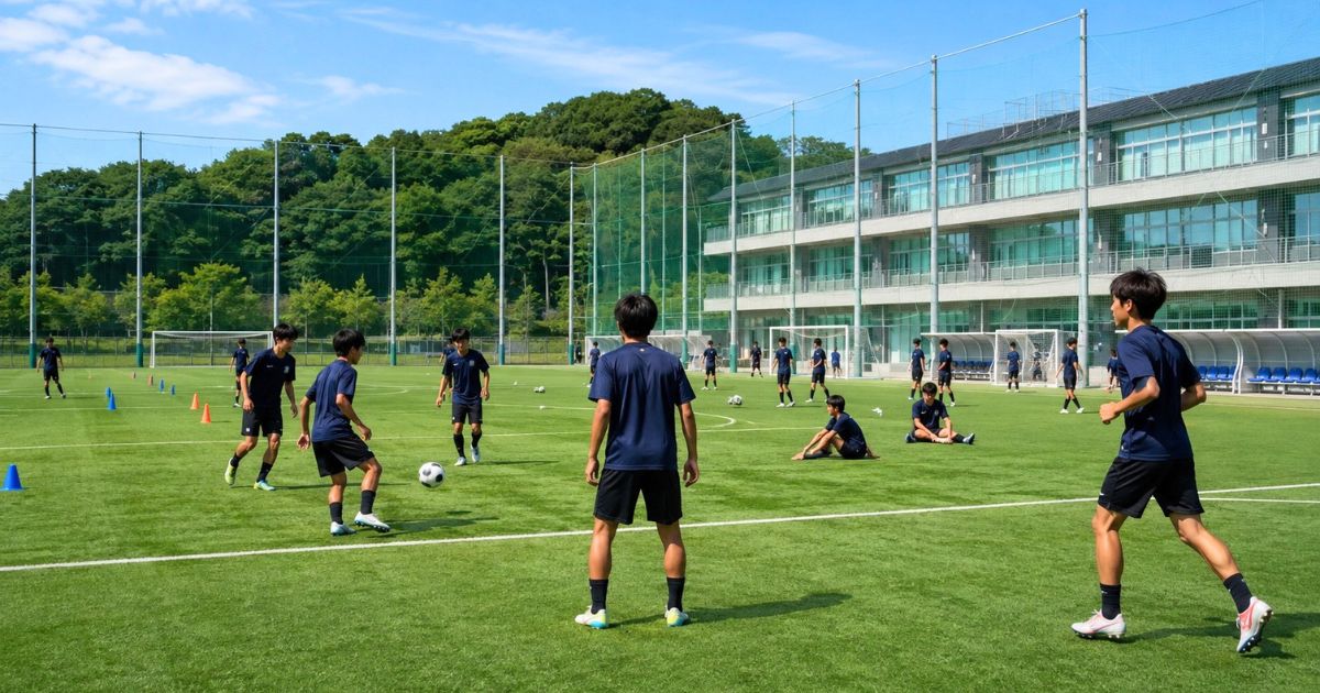 サッカー強豪校の専用人工芝グラウンドで、高校生選手がリラックスして練習する様子
