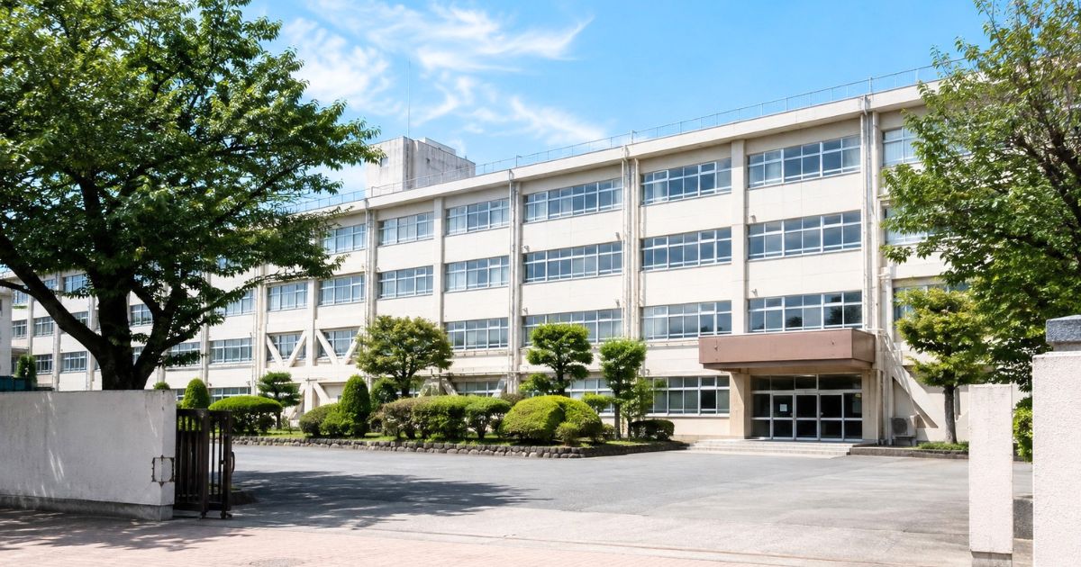 公立高校の校舎を正面から見た外観。広い校門前と校庭周辺の緑が見える落ち着いた学校風景