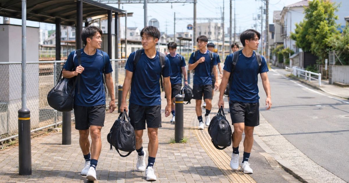竜ヶ崎駅付近の道を、練習着姿でバッグを持って歩く大学サッカー部員たちのイメージ