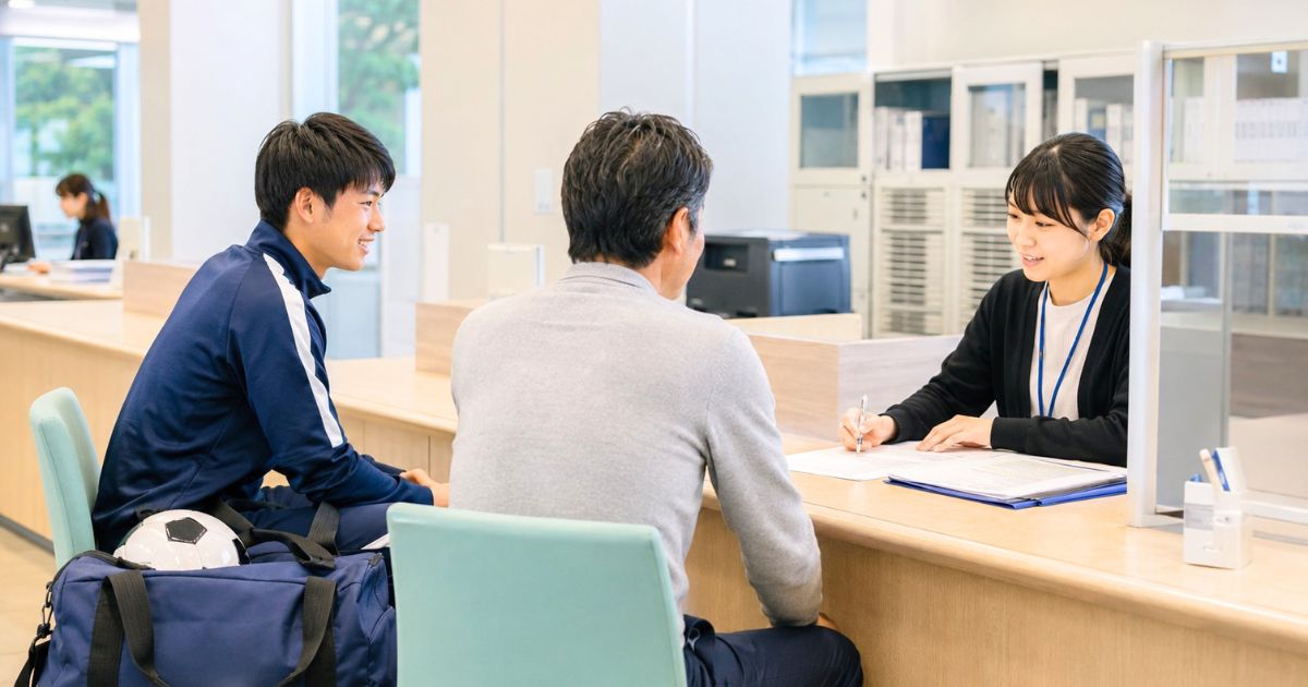 大学の学生課窓口で、保護者とともに入寮手続きの説明を受けるサッカー部員のイメージ