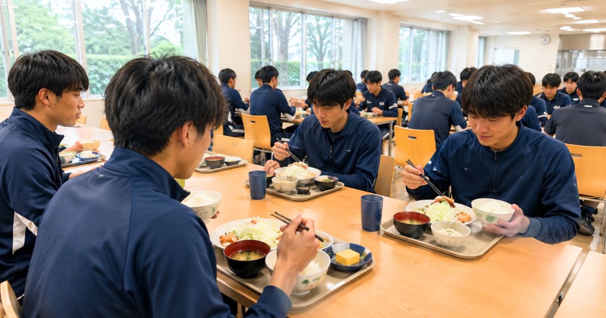 寮の食堂で、朝食をとる大学サッカー部員たちのイメージ
