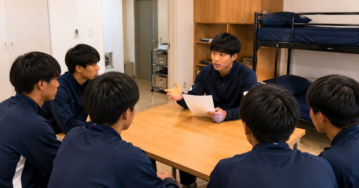 流通経済大学サッカー部の龍駿寮をイメージした、新入寮生に生活ルールを説明する寮長とサッカー部員たち