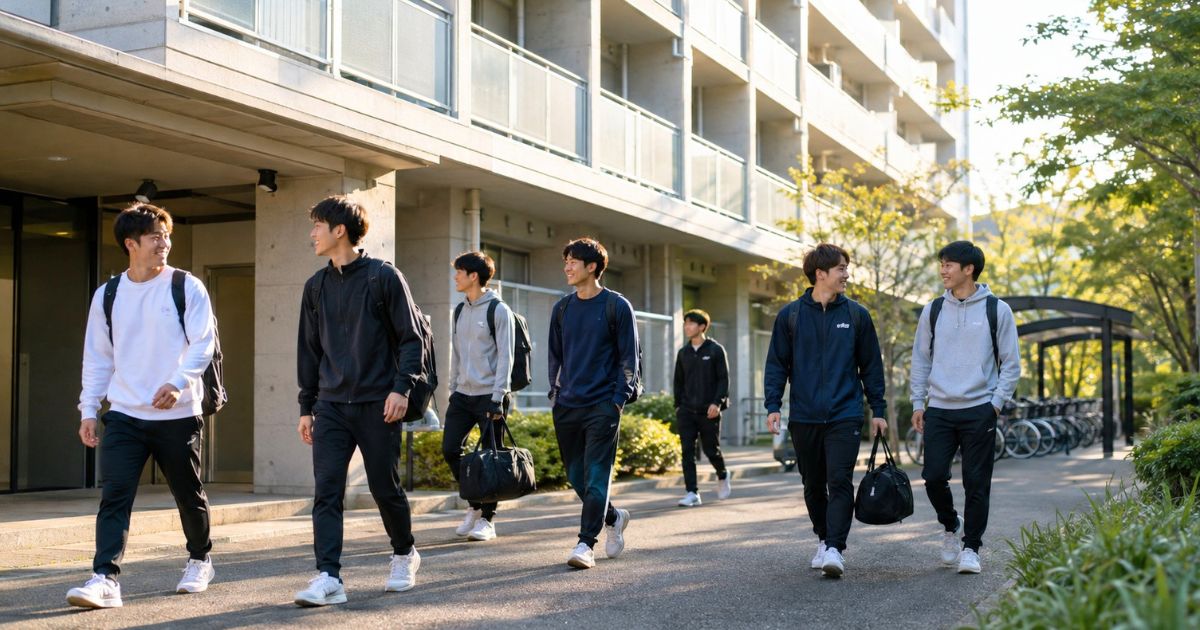 流通経済大学サッカー部の寮を朝に出発し、大学へ向かうサッカー部員たちのイメージ