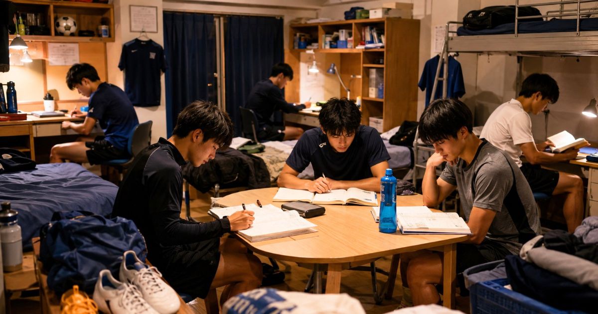 練習後の寮の部屋で、机やテーブルに向かって勉強する大学サッカー部員たちのイメージ
