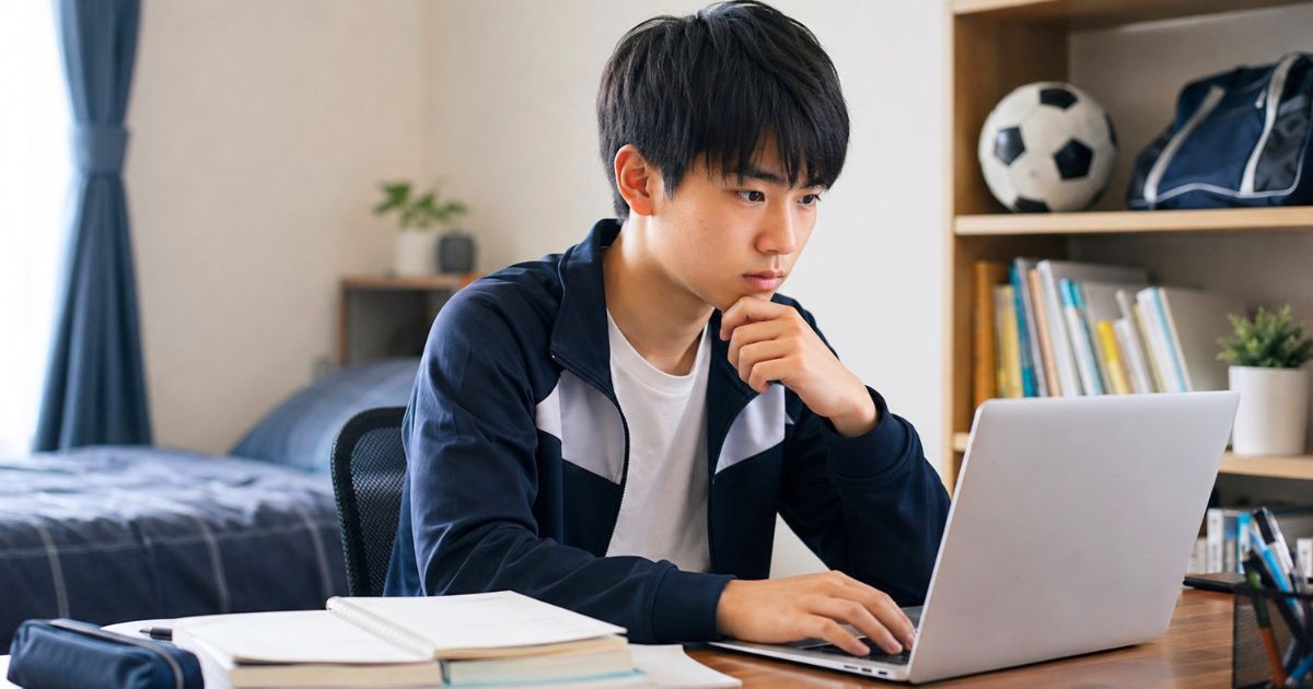 自室でパソコンを使い一般入部できる大学サッカー部を調べる高校生