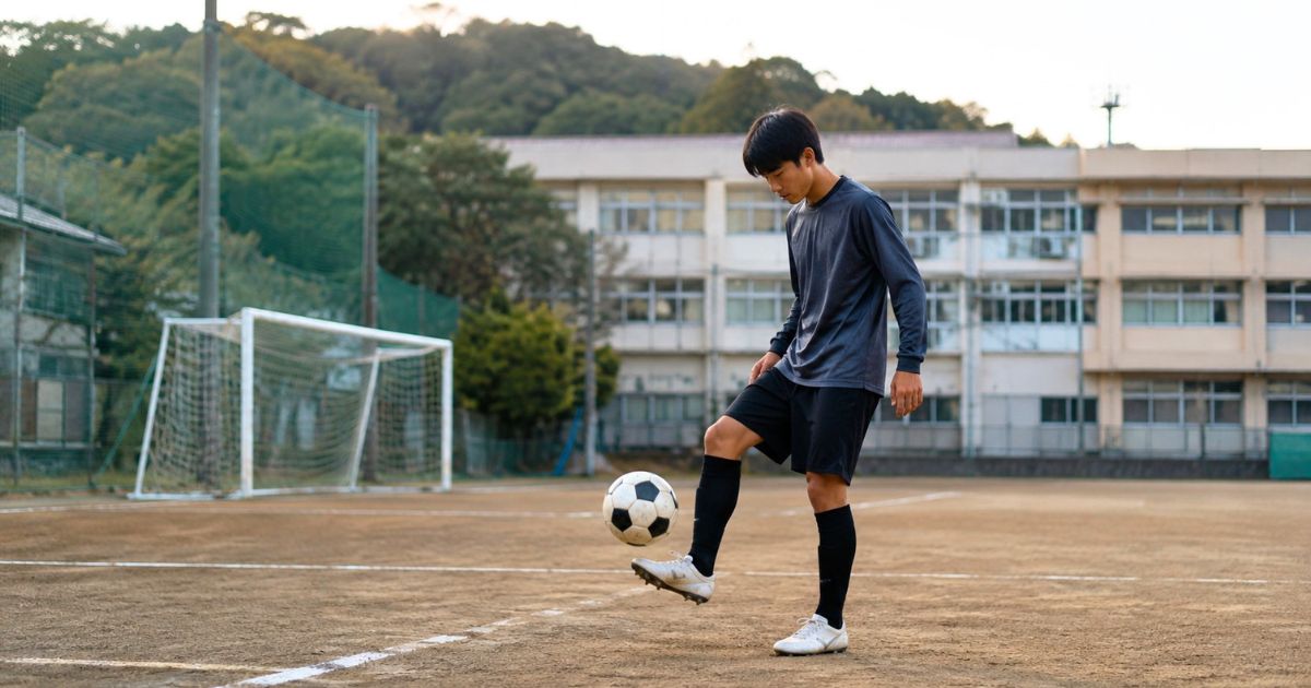 高校のサッカーグラウンドで、スポーツ特待生を目指す入部希望者が一人でリフティング練習をする様子