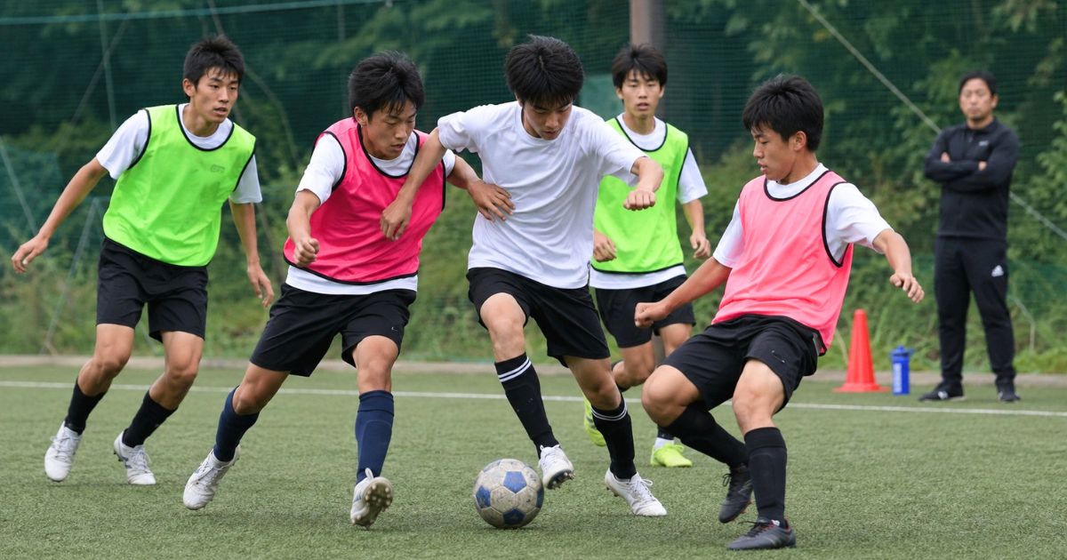 セレクションのミニゲームで、ビブスを着た高校生年代の選手たちがボールを激しく競り合う場面