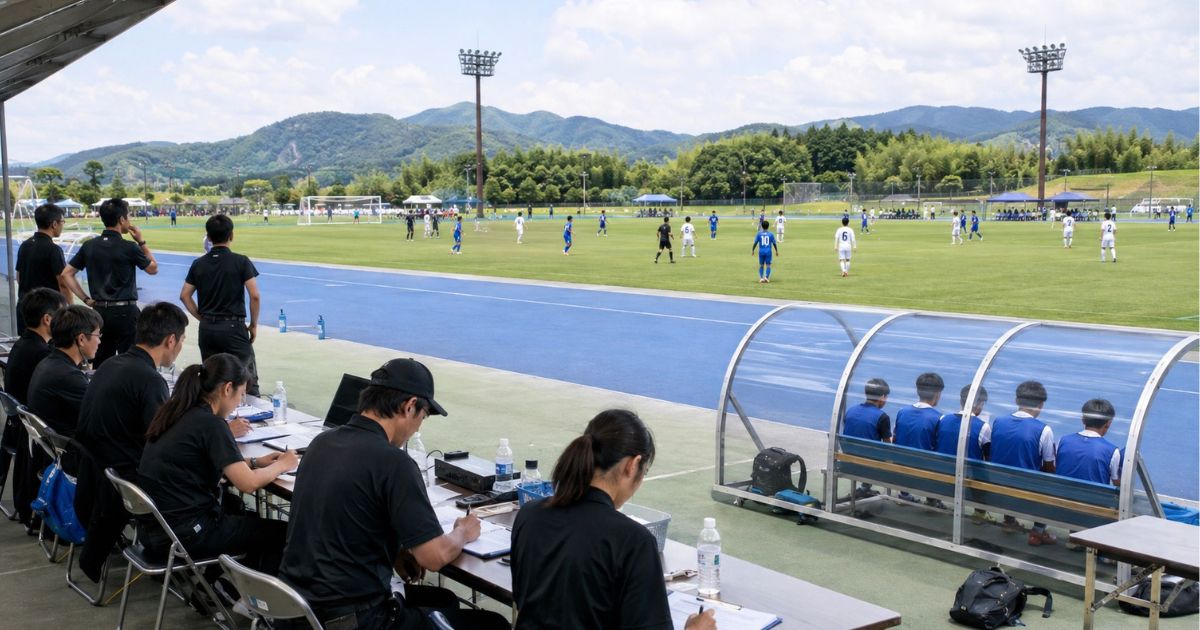 大会会場のサッカーグラウンドで、本部席のスタッフが記録を取りながら高校生年代の試合を見守る様子