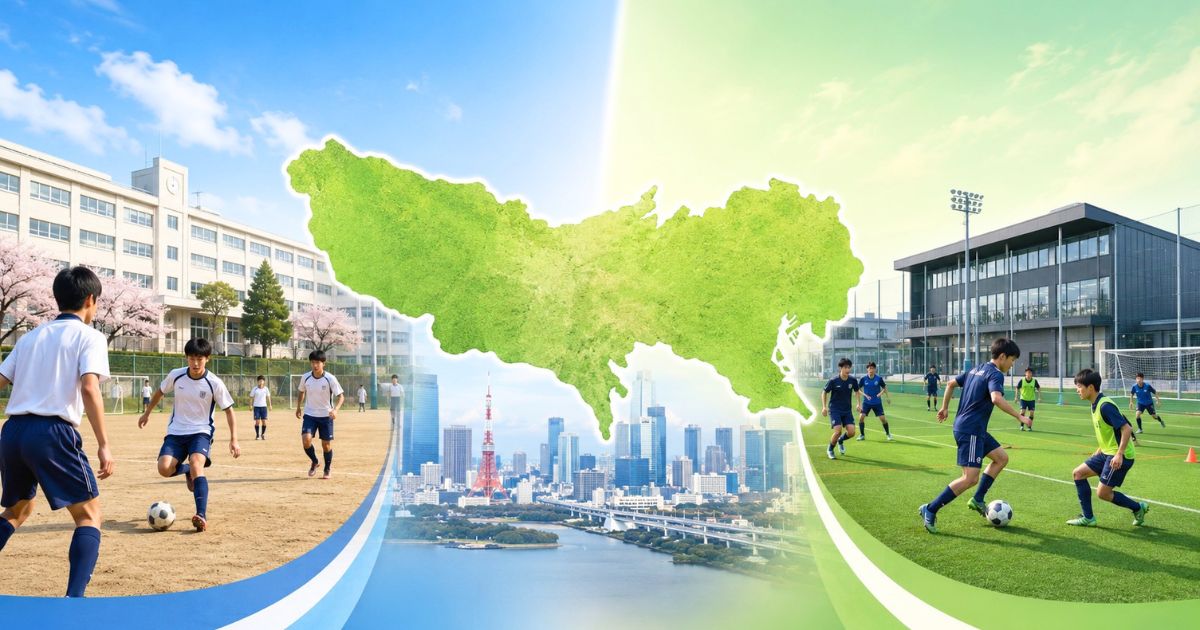 東京都の地図を中心に、左に高校サッカー部の校庭、右にクラブチームの人工芝グラウンドを配置して比較したイメージ