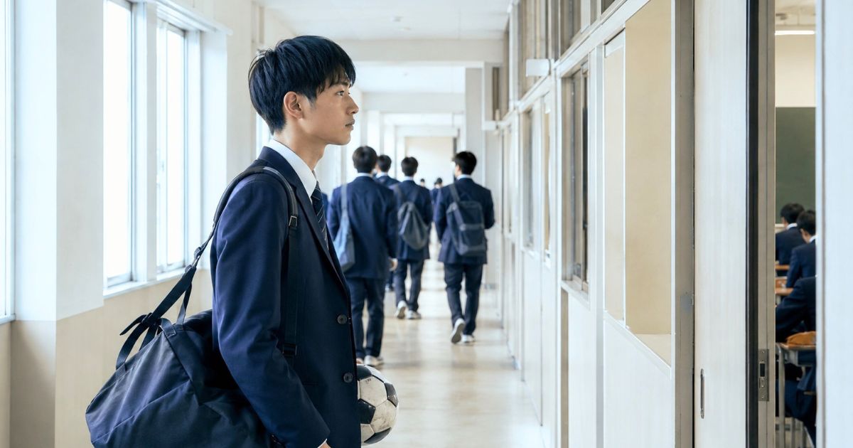 大学受験会場の廊下でサッカーボールを持ち、一般入試に臨む男子高校生のイメージ