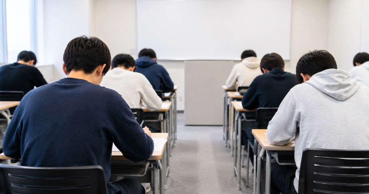 大学の一般入試会場で試験問題に取り組むサッカー部入部希望の高校生