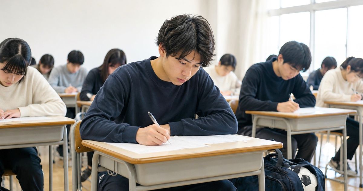 大学の教室で一般入試を受ける大学サッカー部入部希望の高校生