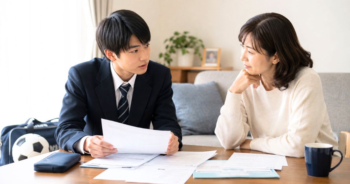 自宅のリビングでサッカー部の費用資料を見ながら母親と相談する高校生
