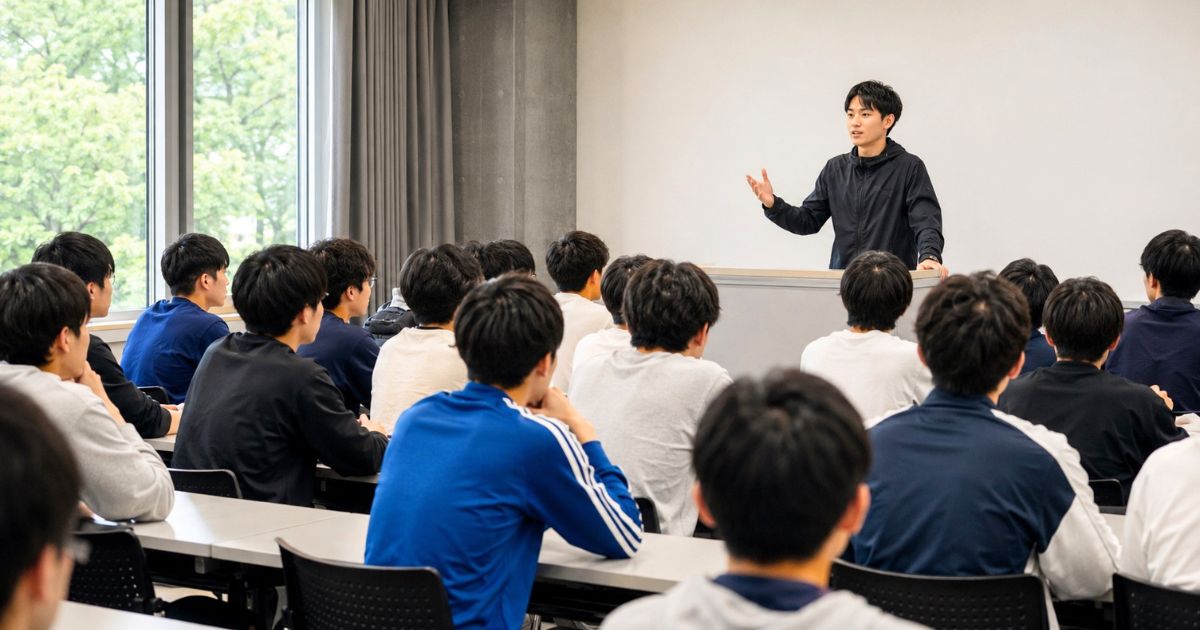 大学の講義室でサッカー部の入部説明会に参加する学生たち