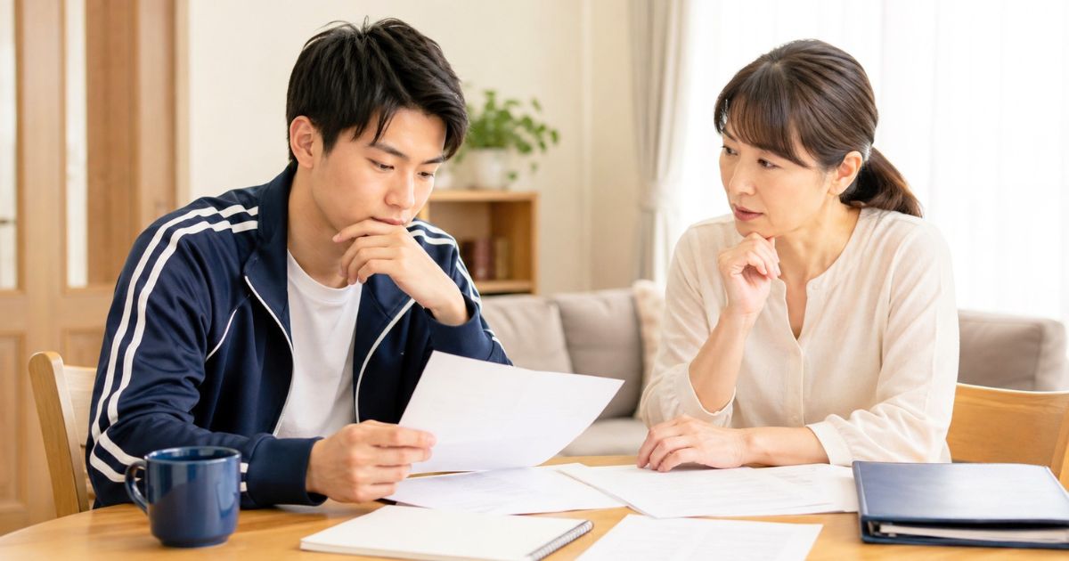 大学サッカー部の部費や寮費について自宅で母親と相談する高校生
