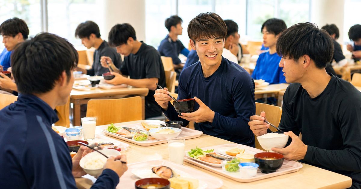 大学サッカー部の寮食堂で日本人選手たちが朝食をとる様子